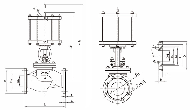 氣動法蘭截止閥尺寸圖